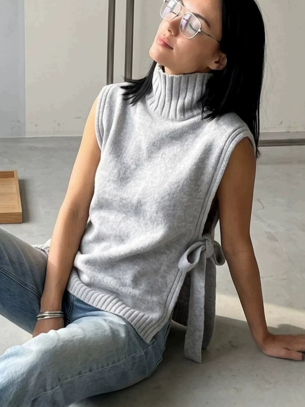 Zara Spring Tie Waist High Neck Loose Knit Sleeveless Vest